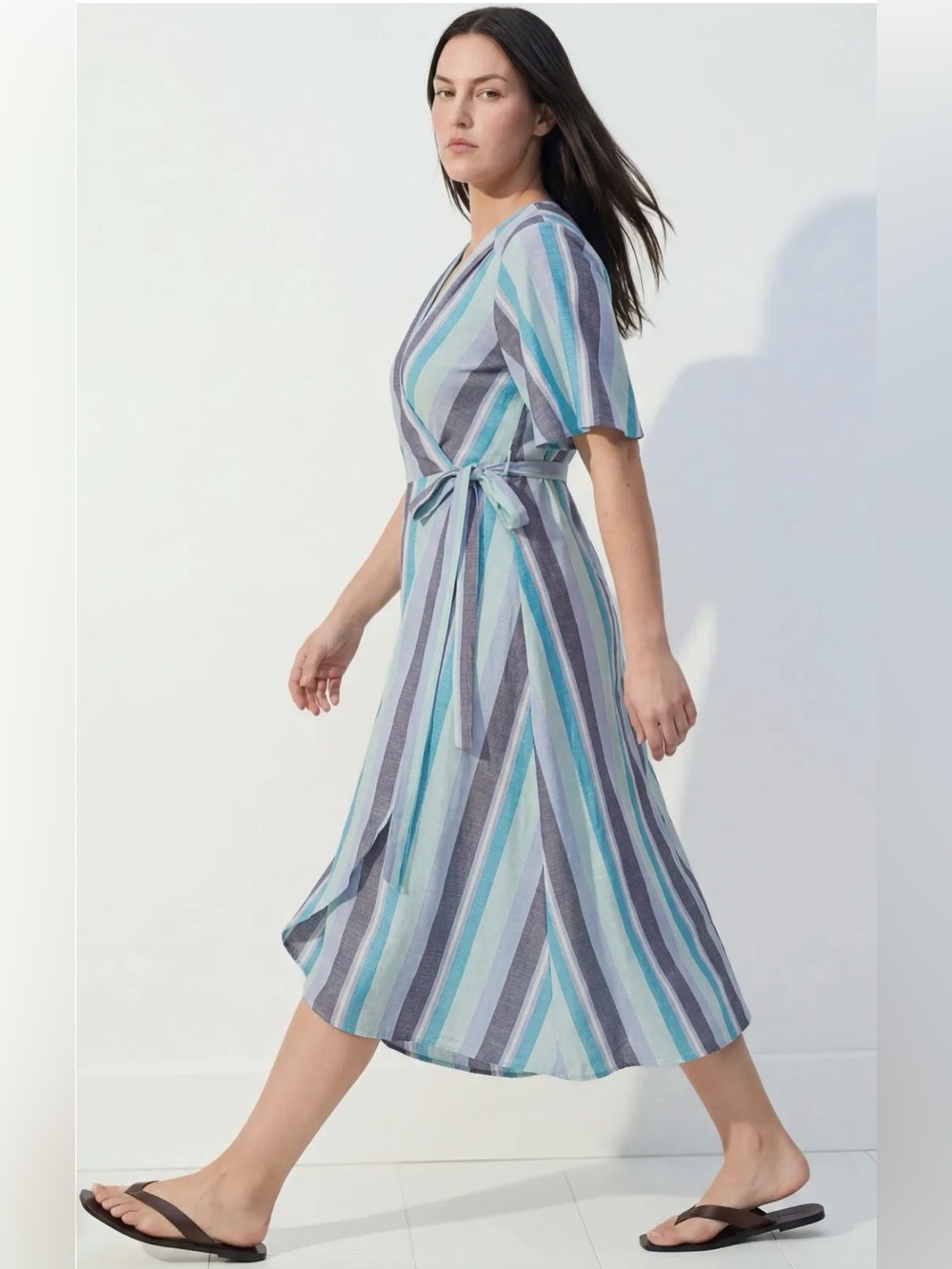 bobeau Striped Wrap Midi Dress in Aqua, Light Blue and Gray - Picture 2 of 8
